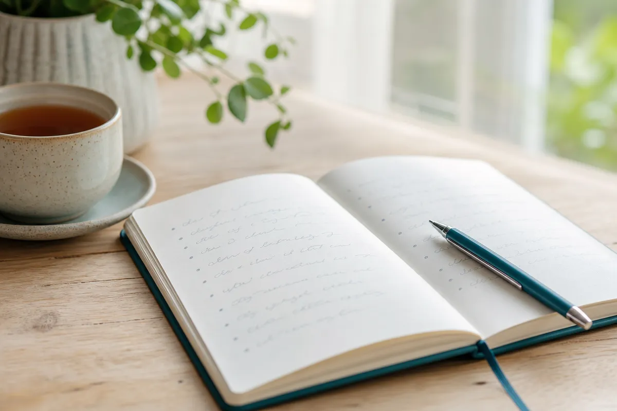 An open notebook with a list of questions and a pen on a wooden table beside a cup of tea, ready for a specialist appointment