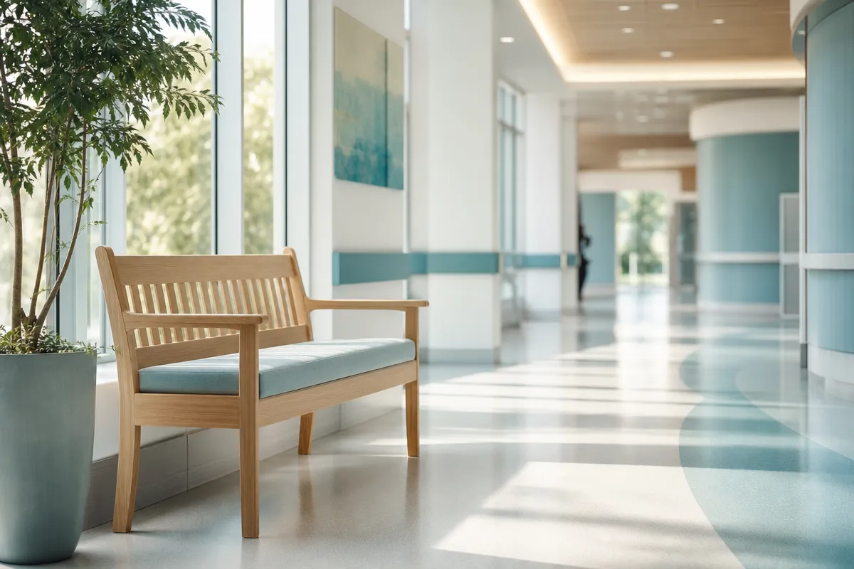 A calm, bright hospital corridor with tall windows, soft daylight and an empty wooden bench