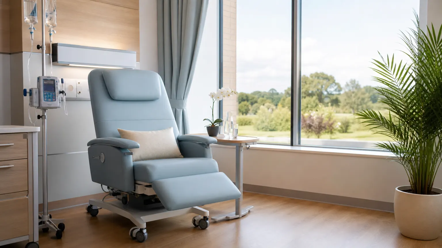 A private infusion suite with a treatment chair beside a window