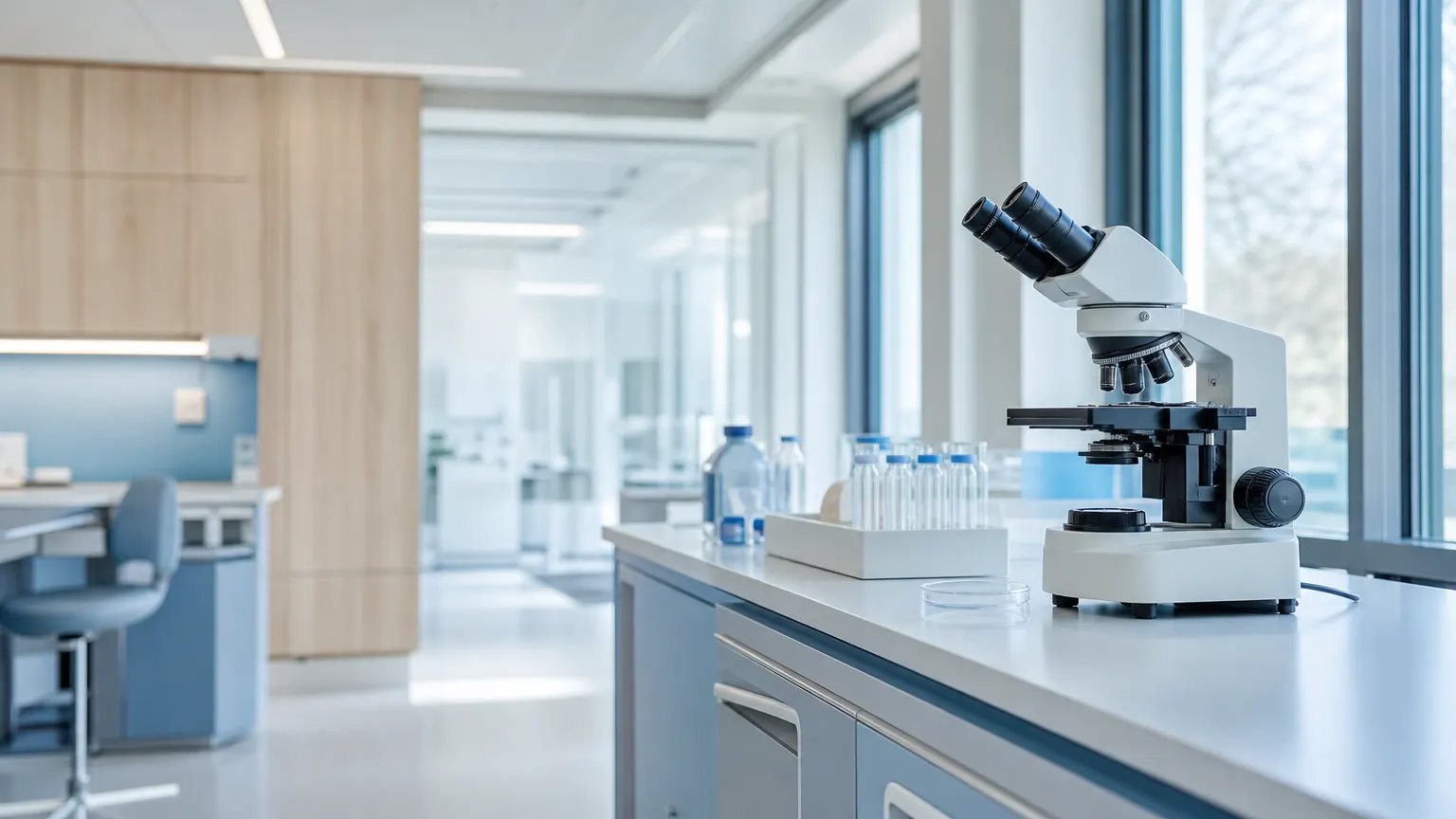 A laboratory bench with a microscope in soft light