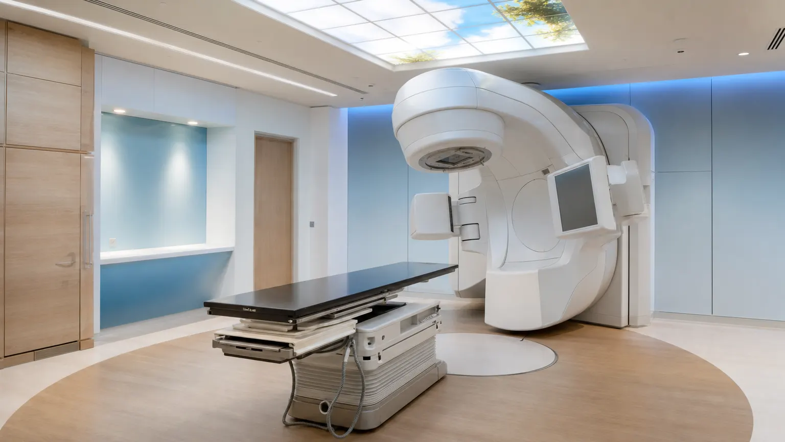 A radiotherapy treatment room with a linear accelerator over a treatment couch